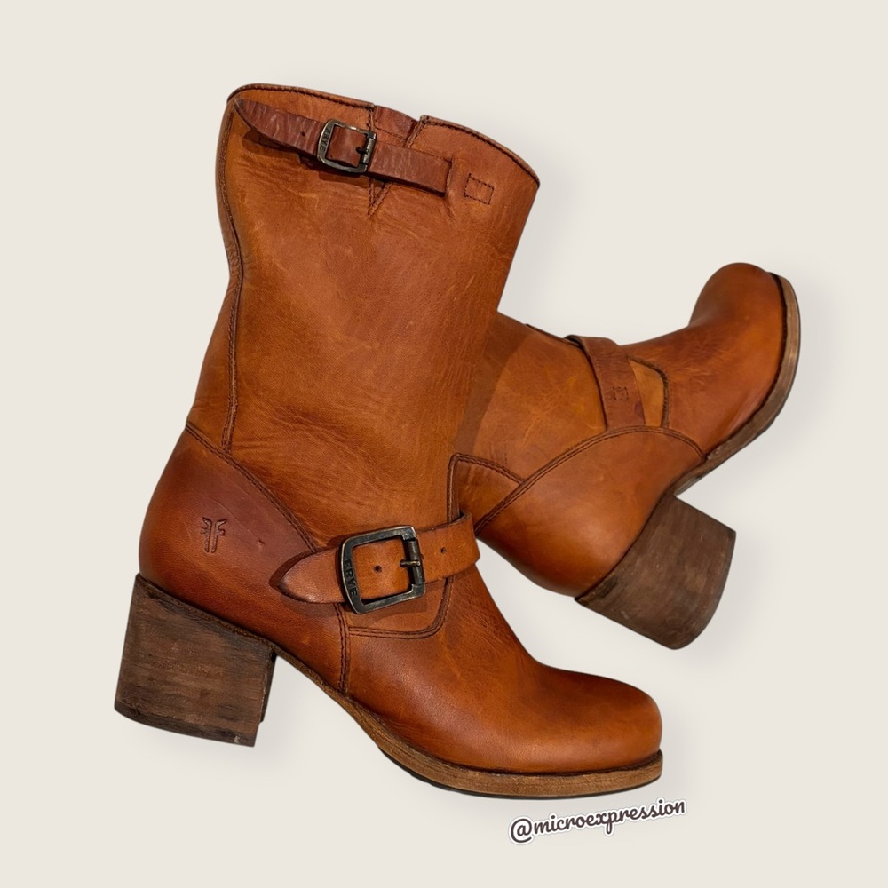$369 Frye Vera Short Cognac Genuine Leather Buckle Moto Block Heel Riding Boots